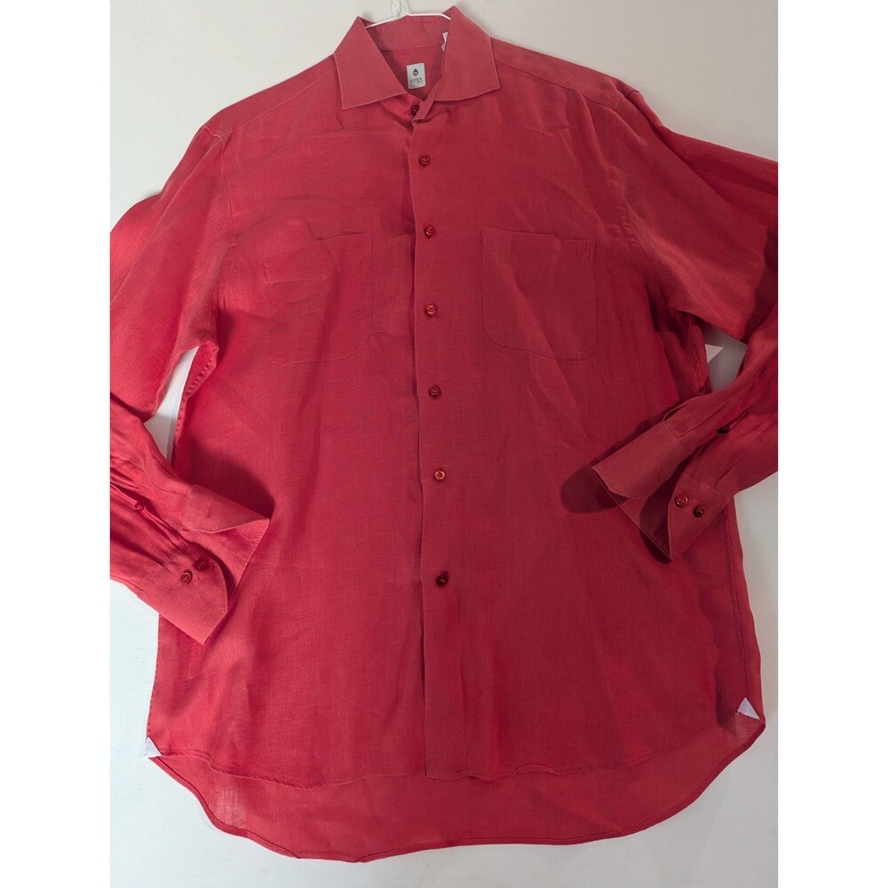 Aster 1973 Mens Dress Shirt 41 16 solid Coral Button Down Linen made in Italy - Picture 2 of 12